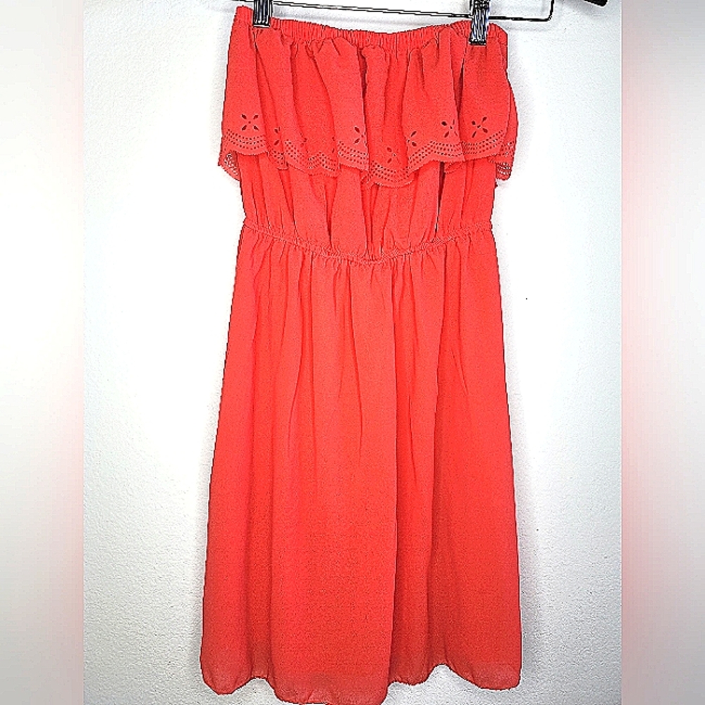 Rachael & Chloe Strapless Dress Salmon Pink Cutout Design Ruffle on Top Small S